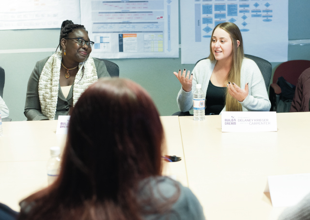 Delaney Krieger speaks at a roundtable about skilled trades.